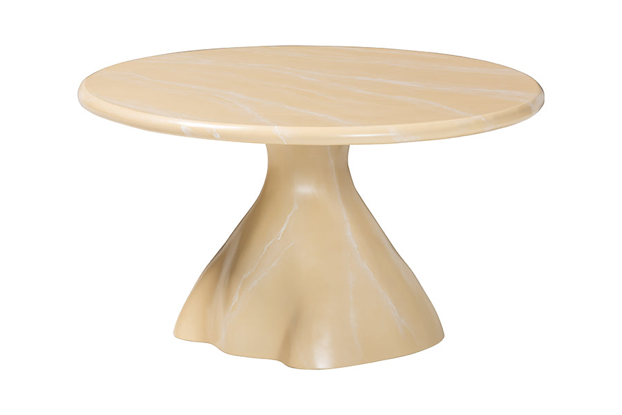 Bali & Pari Aponi Cream Marbled Resin Round Coffee Table – Sculptural Modern Pedestal Base Accent Table FredCo