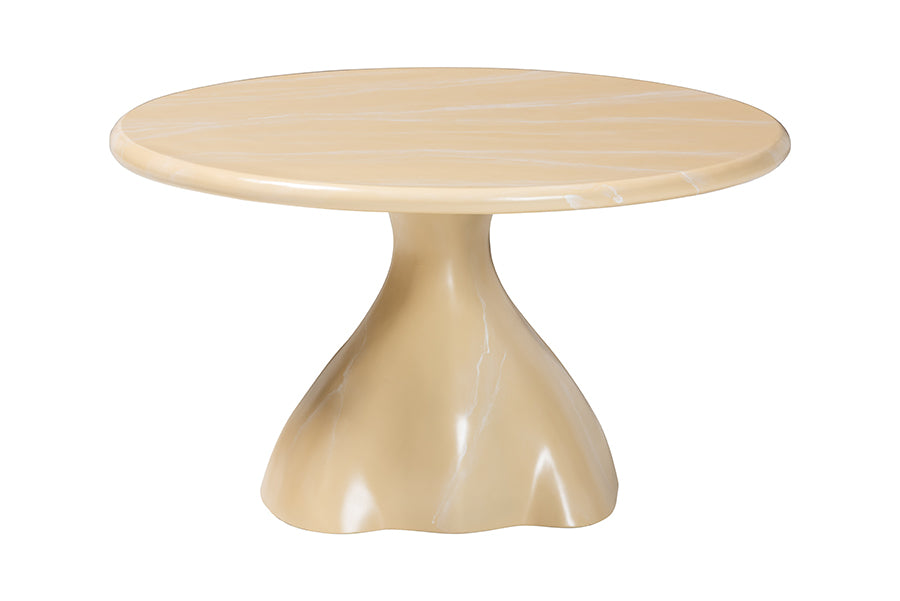 Bali & Pari Aponi Cream Marbled Resin Round Coffee Table – Sculptural Modern Pedestal Base Accent Table FredCo