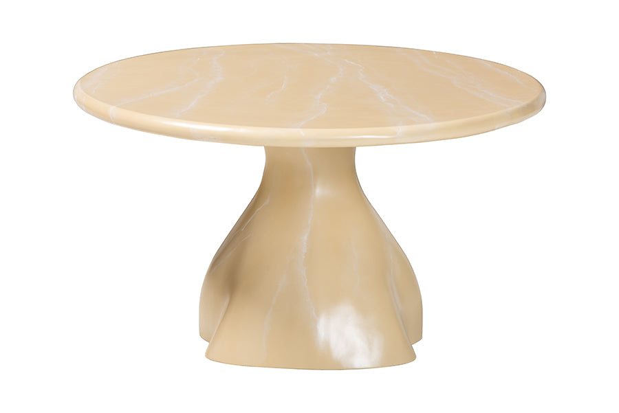 Bali & Pari Aponi Cream Marbled Resin Round Coffee Table – Sculptural Modern Pedestal Base Accent Table FredCo