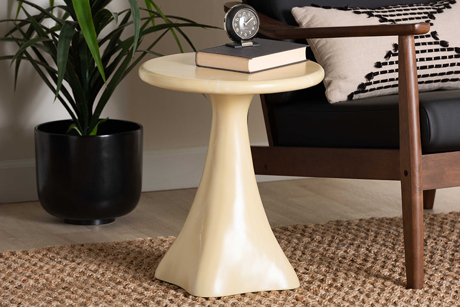 Bali & Pari Aponi Cream Marbled Resin Round End Table – Sculptural Modern Pedestal Side Table FredCo