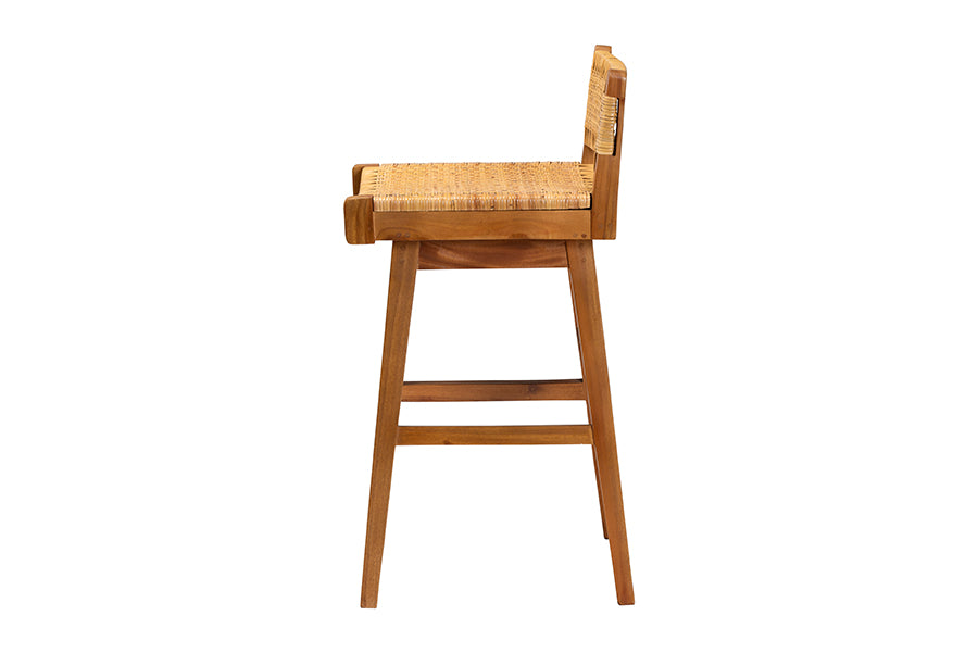 bali & pari Asgart Bohemian Natural Rattan and Mahogany Wood Bar Stool FredCo
