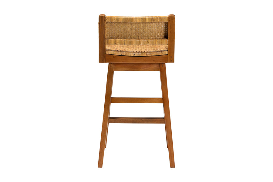 bali & pari Asgart Bohemian Natural Rattan and Mahogany Wood Bar Stool FredCo