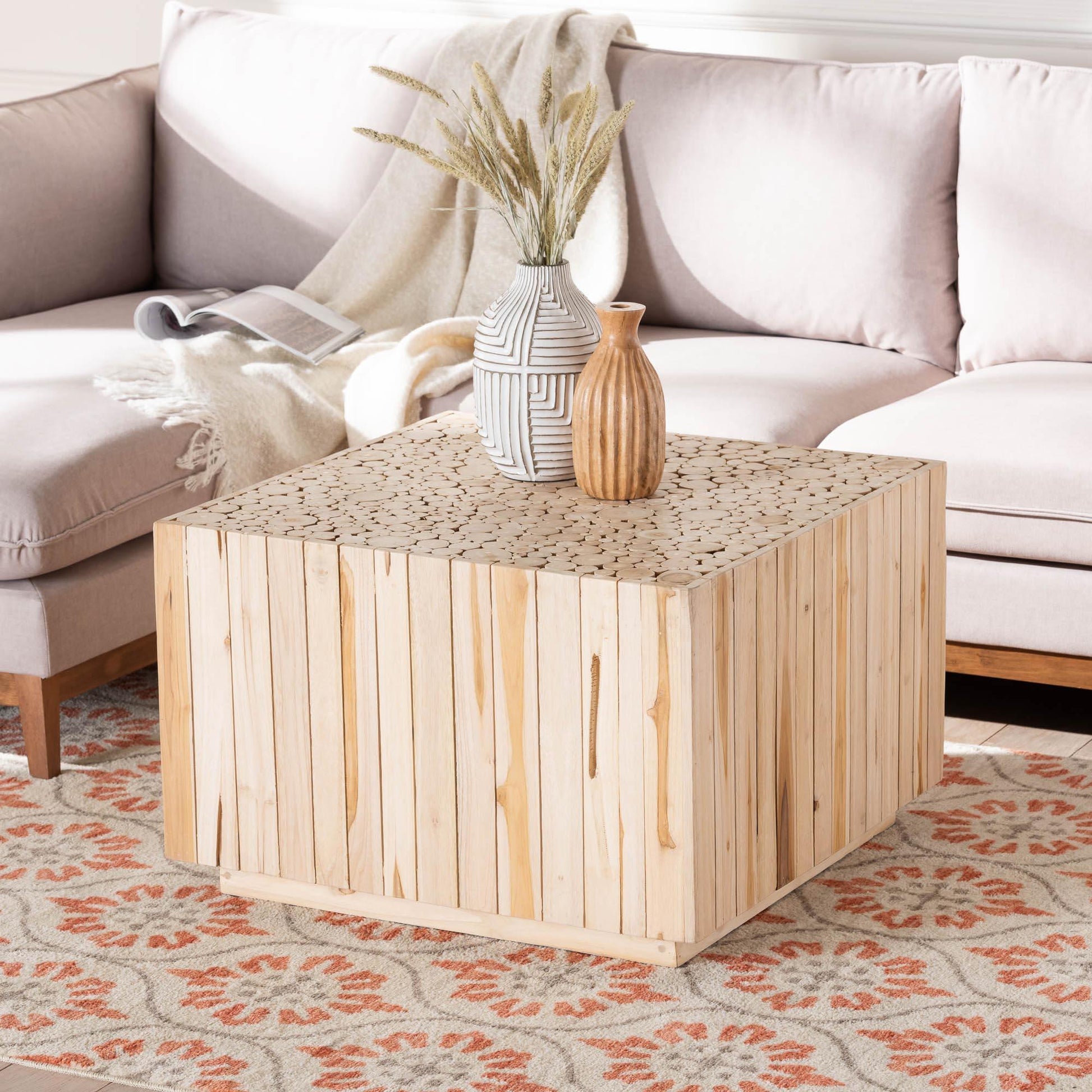 bali & pari Augusta Bohemian Natural Teak Wood Coffee Table with Unique Repurposed Wood Logs FredCo