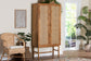 Natural rattan wooden cabinet and wicker chair in bright living room with plants and rug