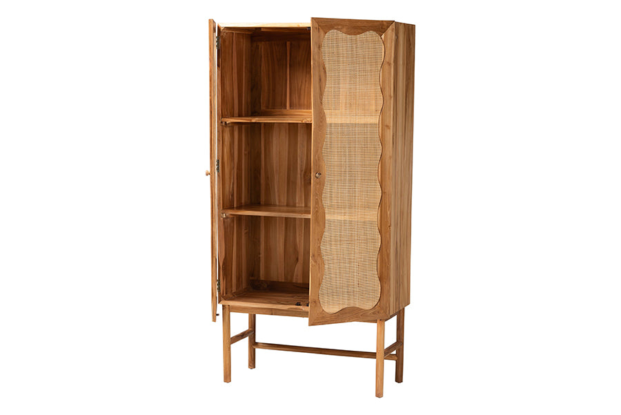 Natural wood cabinet with cane panel door and shelves, ideal for home storage furniture