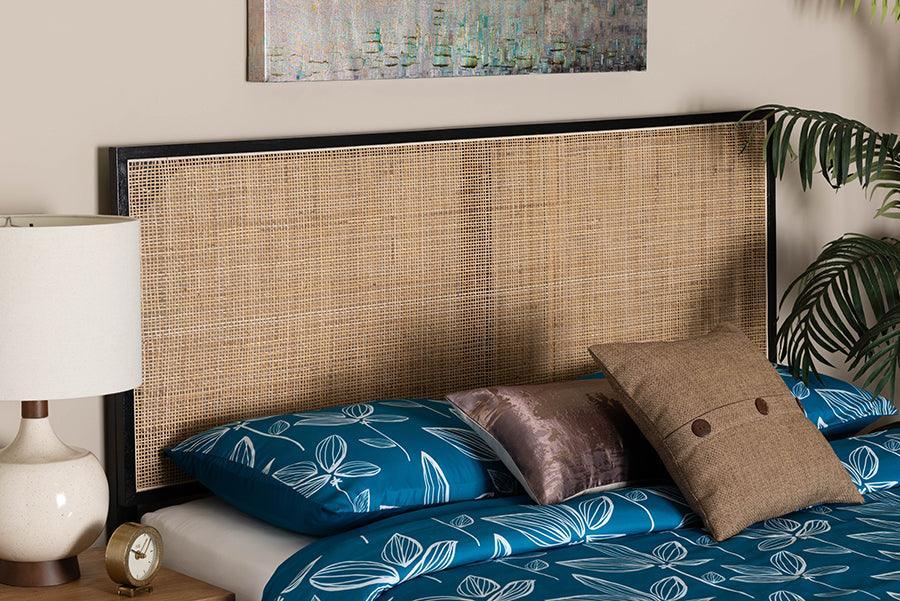 bali & pari Aurelia Modern Bohemian Black Finished Bayur Wood and Natural Rattan Queen Size Headboard FredCo