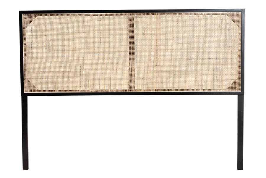 bali & pari Aurelia Modern Bohemian Black Finished Bayur Wood and Natural Rattan Queen Size Headboard FredCo