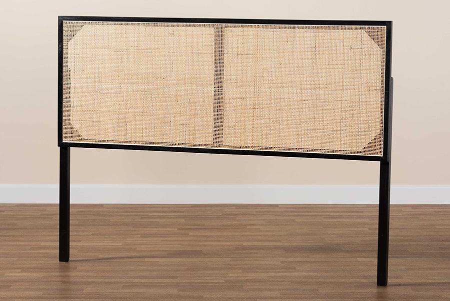 bali & pari Aurelia Modern Bohemian Black Finished Bayur Wood and Natural Rattan Queen Size Headboard FredCo