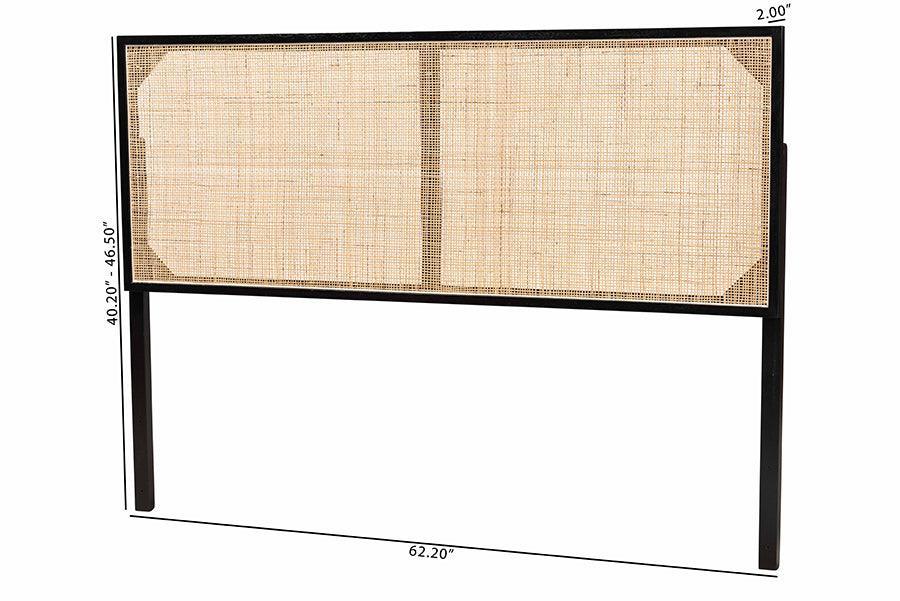 bali & pari Aurelia Modern Bohemian Black Finished Bayur Wood and Natural Rattan Queen Size Headboard FredCo