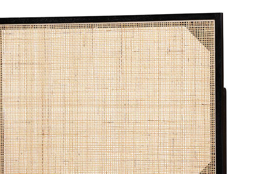 bali & pari Aurelia Modern Bohemian Black Finished Bayur Wood and Natural Rattan Queen Size Headboard FredCo