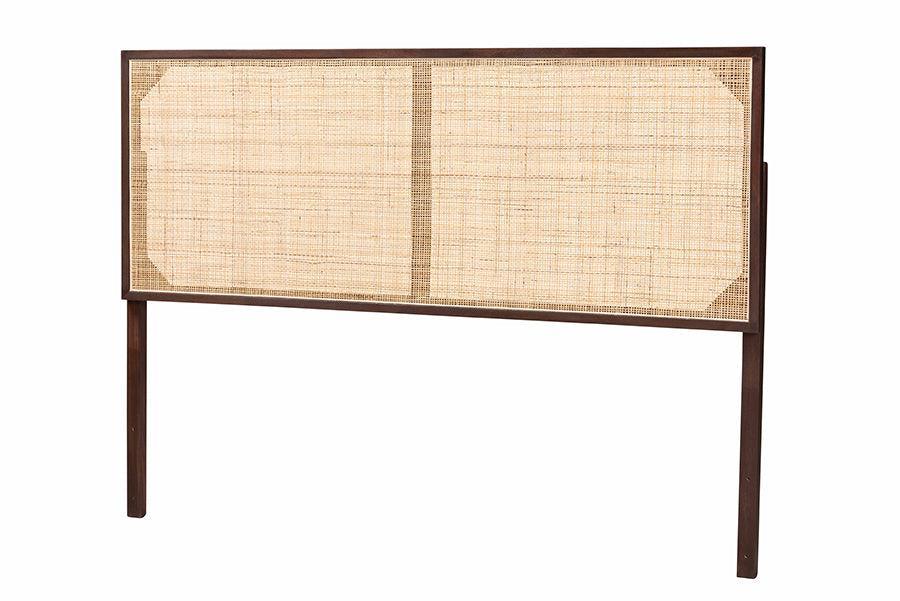 bali & pari Aurelia Modern Bohemian Dark Brown Finished Bayur Wood and Natural Rattan Queen Size Headboard FredCo