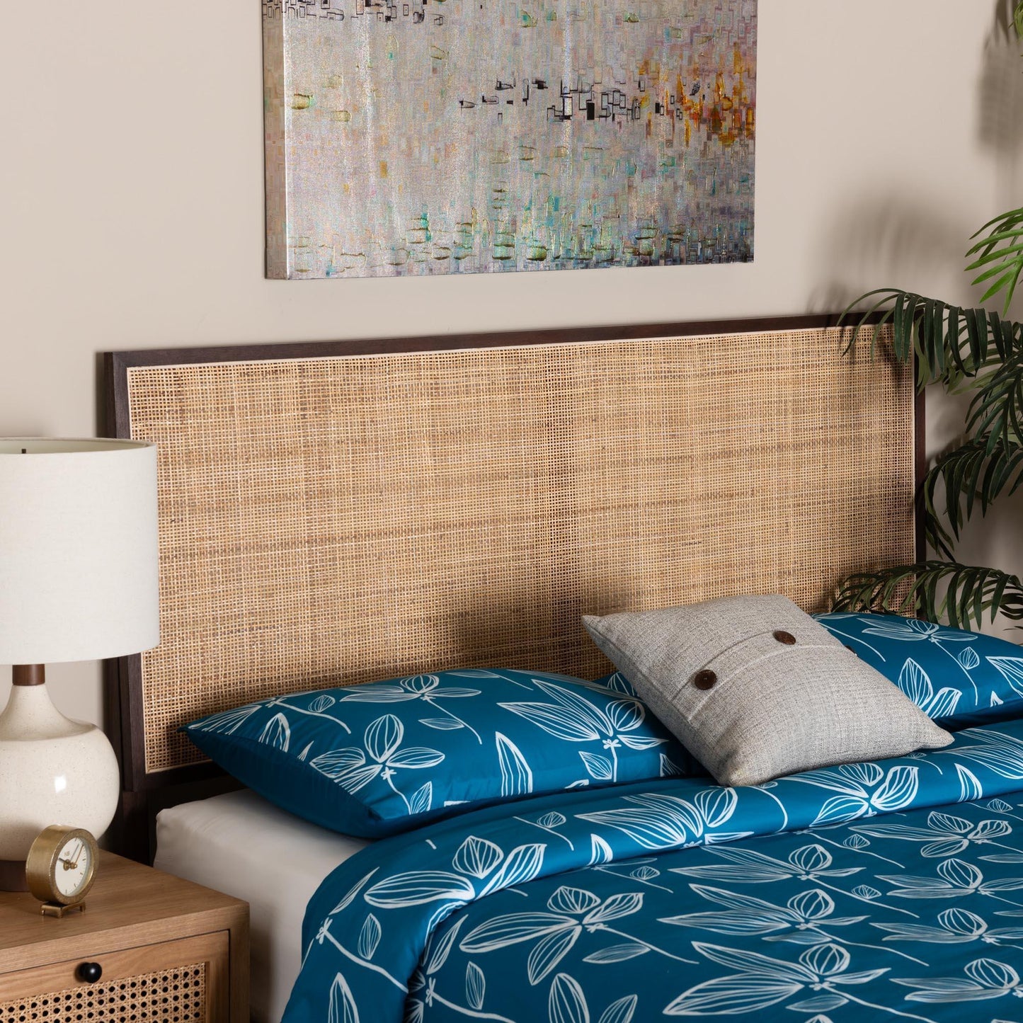 bali & pari Aurelia Modern Bohemian Dark Brown Finished Bayur Wood and Natural Rattan Queen Size Headboard FredCo