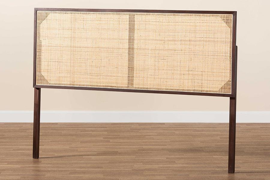 bali & pari Aurelia Modern Bohemian Dark Brown Finished Bayur Wood and Natural Rattan Queen Size Headboard FredCo