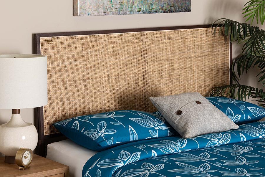 bali & pari Aurelia Modern Bohemian Dark Brown Finished Bayur Wood and Natural Rattan Queen Size Headboard FredCo