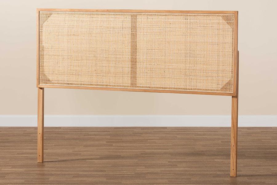 bali & pari Aurelia Modern Bohemian Natural Brown Finished Bayur Wood and Rattan Queen Size Headboard FredCo
