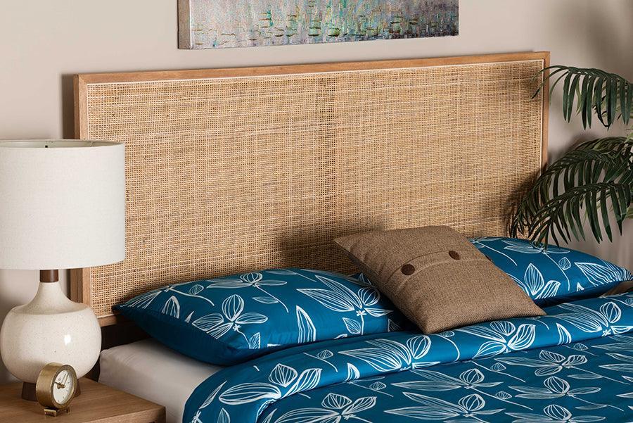 bali & pari Aurelia Modern Bohemian Natural Brown Finished Bayur Wood and Rattan Queen Size Headboard FredCo