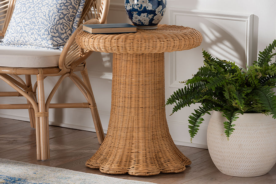 bali & pari Avalon Scallop Natural Rattan Pedestal Side Table - Round Handwoven Wicker Accent Table with Skirted Base, Boho Coastal Style Furniture for Living Room, Hallway or Sunroom FredCo