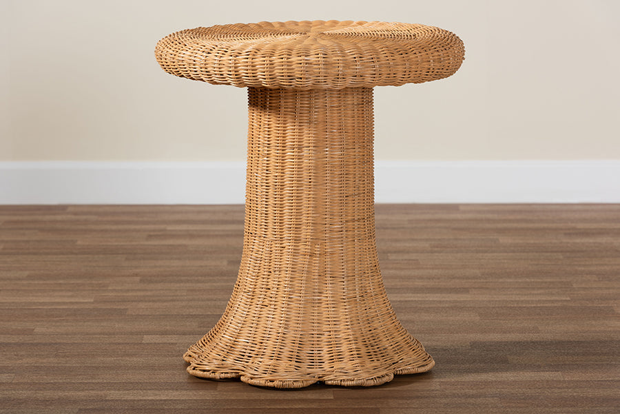 bali & pari Avalon Scallop Natural Rattan Pedestal Side Table - Round Handwoven Wicker Accent Table with Skirted Base, Boho Coastal Style Furniture for Living Room, Hallway or Sunroom FredCo