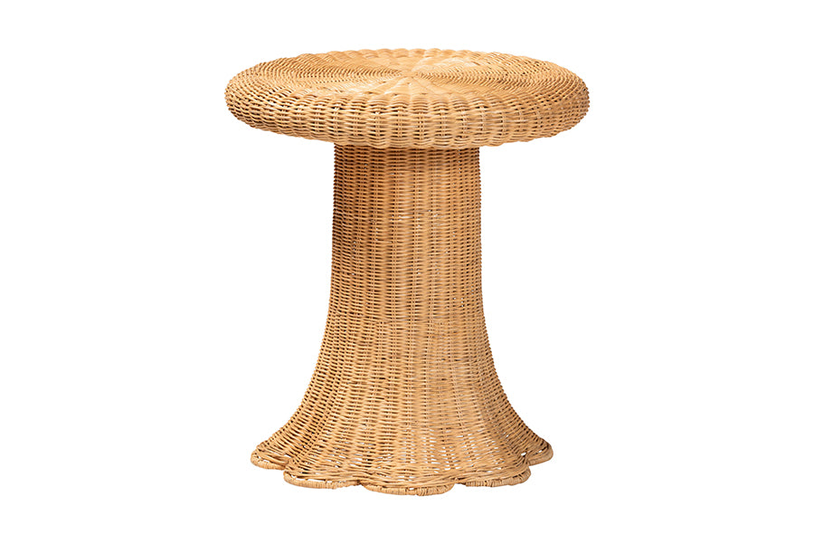 bali & pari Avalon Scallop Natural Rattan Pedestal Side Table - Round Handwoven Wicker Accent Table with Skirted Base, Boho Coastal Style Furniture for Living Room, Hallway or Sunroom FredCo