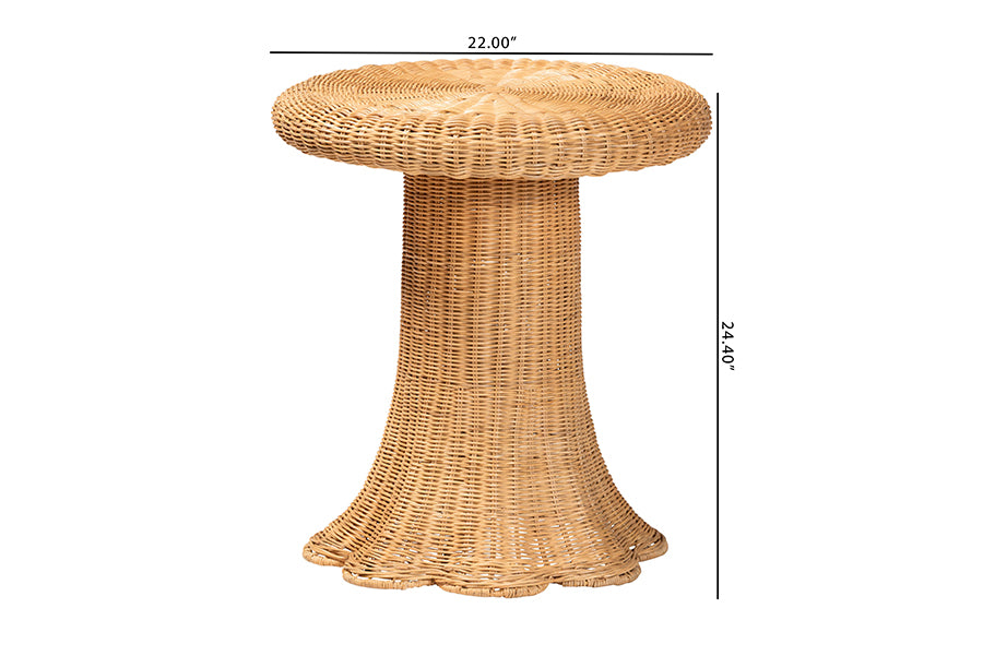 bali & pari Avalon Scallop Natural Rattan Pedestal Side Table - Round Handwoven Wicker Accent Table with Skirted Base, Boho Coastal Style Furniture for Living Room, Hallway or Sunroom FredCo