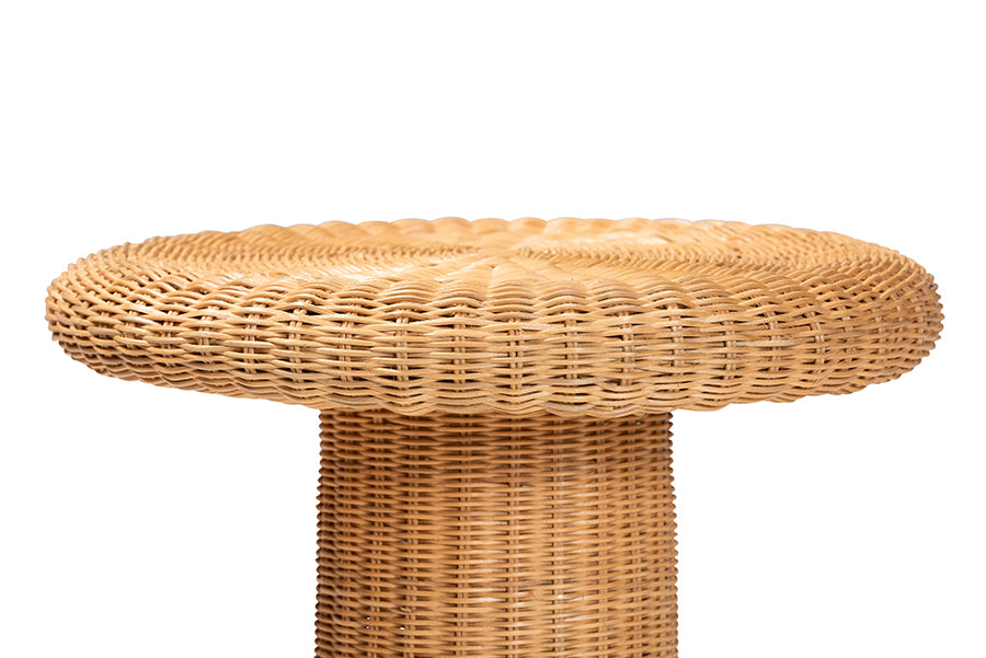 bali & pari Avalon Scallop Natural Rattan Pedestal Side Table - Round Handwoven Wicker Accent Table with Skirted Base, Boho Coastal Style Furniture for Living Room, Hallway or Sunroom FredCo