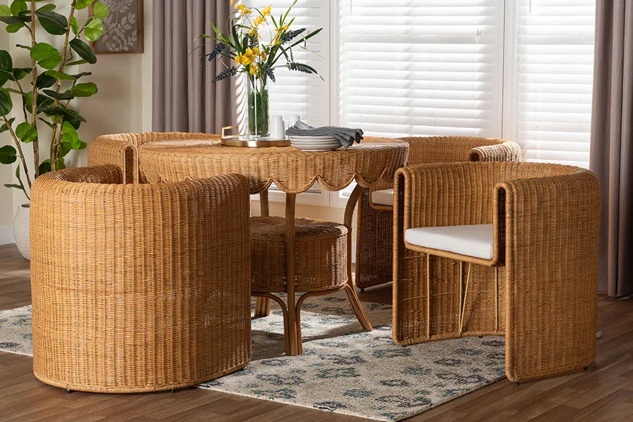 bali & pari Ayumi 5-Piece Round Rattan Dining Set - Handwoven Wicker Scalloped Table and 4 Barrel Chairs, Coastal Kitchen or Sunroom Furniture FredCo