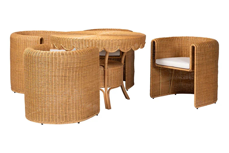bali & pari Ayumi 5-Piece Round Rattan Dining Set - Handwoven Wicker Scalloped Table and 4 Barrel Chairs, Coastal Kitchen or Sunroom Furniture FredCo