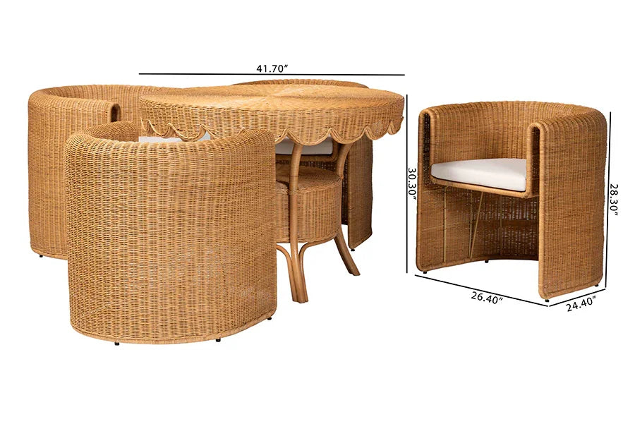 bali & pari Ayumi 5-Piece Round Rattan Dining Set - Handwoven Wicker Scalloped Table and 4 Barrel Chairs, Coastal Kitchen or Sunroom Furniture FredCo