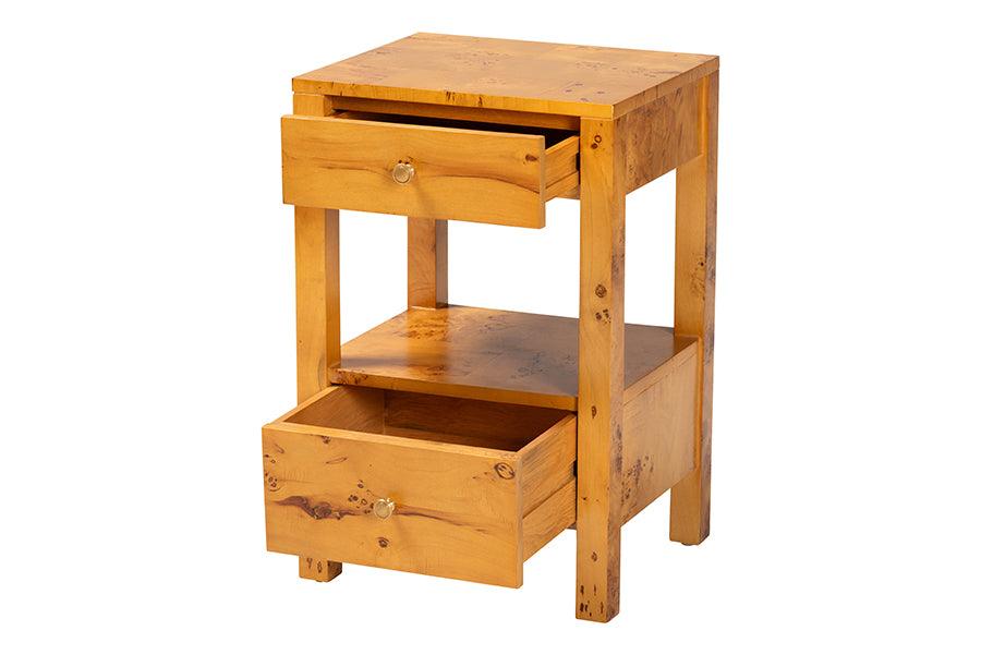 bali & pari Azmi Modern and Contemporary Natural Light Mappa Burl Wood 2-Drawer Nightstand FredCo