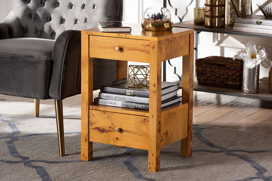 bali & pari Azmi Modern and Contemporary Natural Light Mappa Burl Wood 2-Drawer Nightstand FredCo