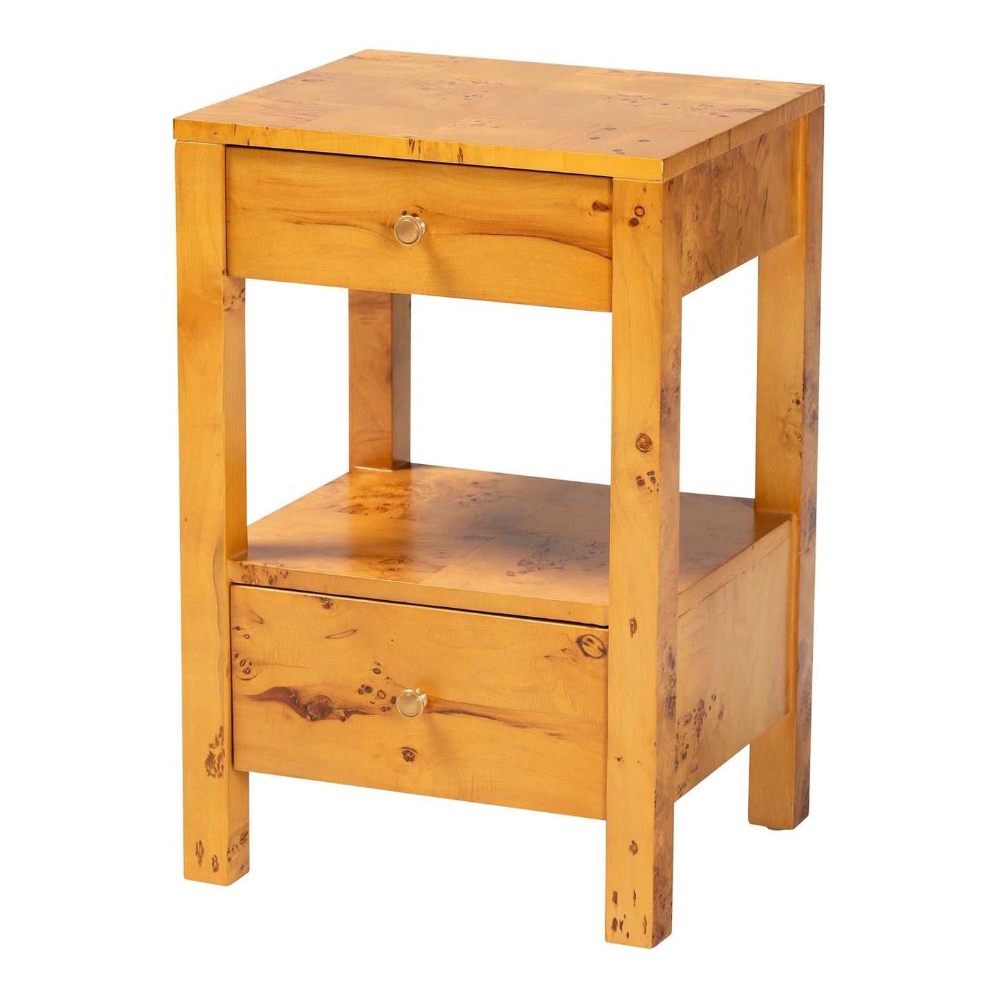 bali & pari Azmi Modern and Contemporary Natural Light Mappa Burl Wood 2-Drawer Nightstand FredCo