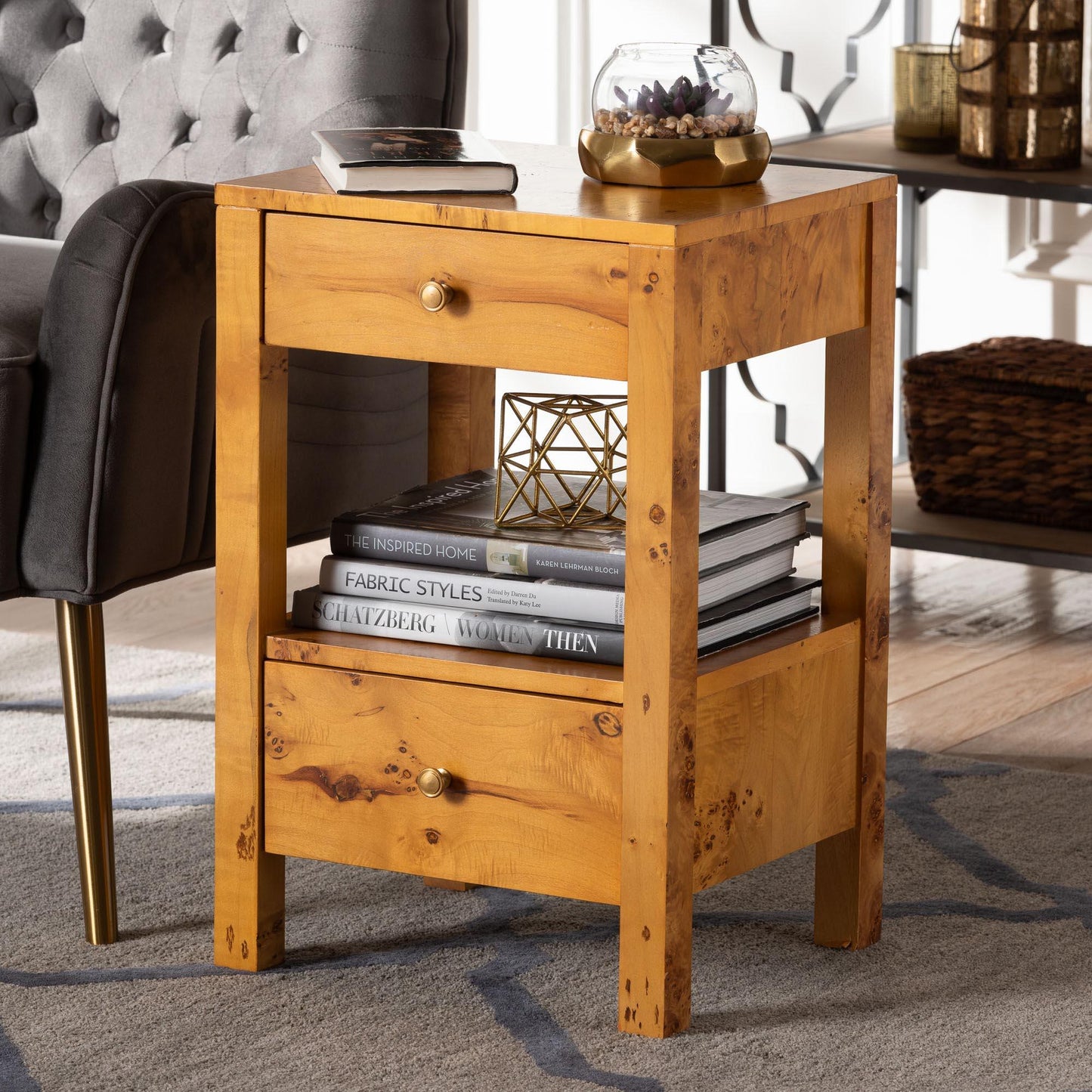 bali & pari Azmi Modern and Contemporary Natural Light Mappa Burl Wood 2-Drawer Nightstand FredCo