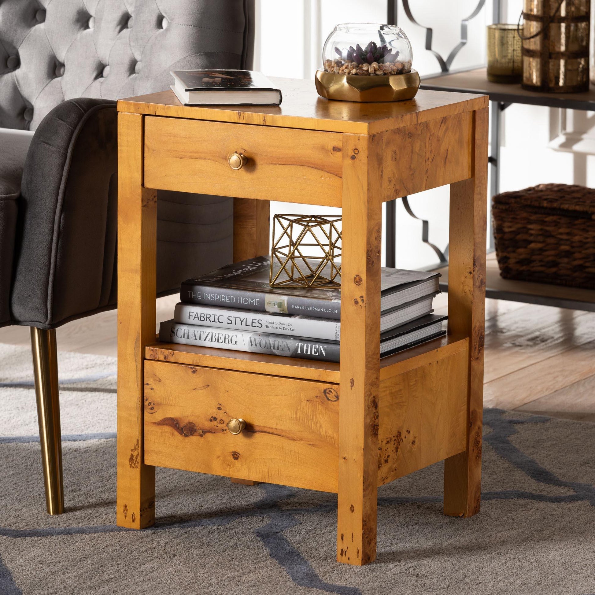 bali & pari Azmi Modern and Contemporary Natural Light Mappa Burl Wood 2-Drawer Nightstand FredCo