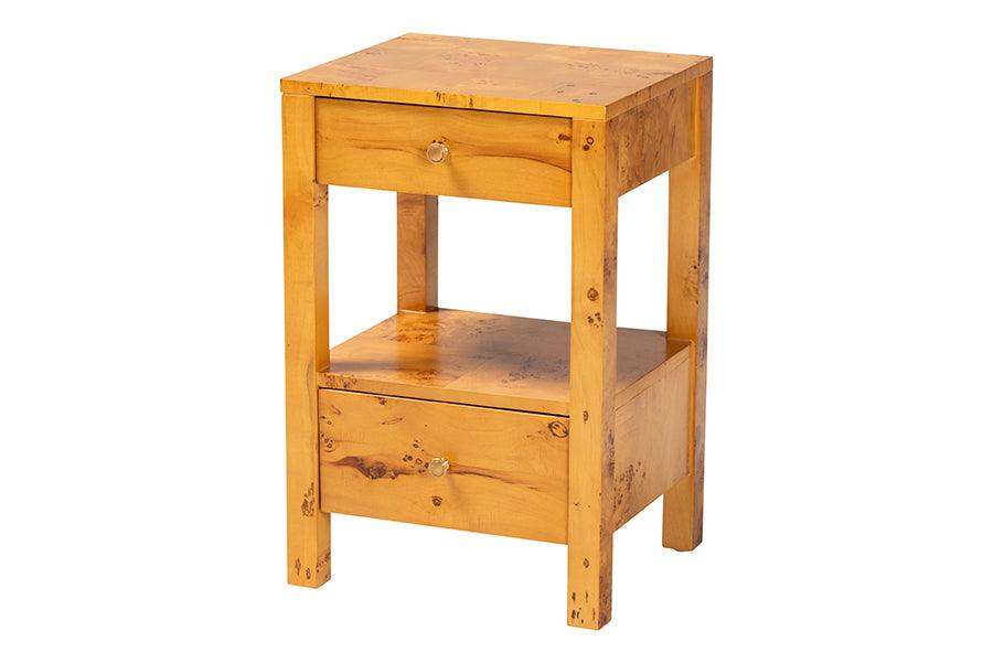 bali & pari Azmi Modern and Contemporary Natural Light Mappa Burl Wood 2-Drawer Nightstand FredCo