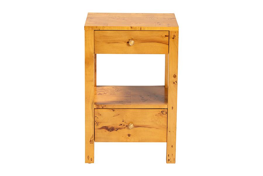 bali & pari Azmi Modern and Contemporary Natural Light Mappa Burl Wood 2-Drawer Nightstand FredCo