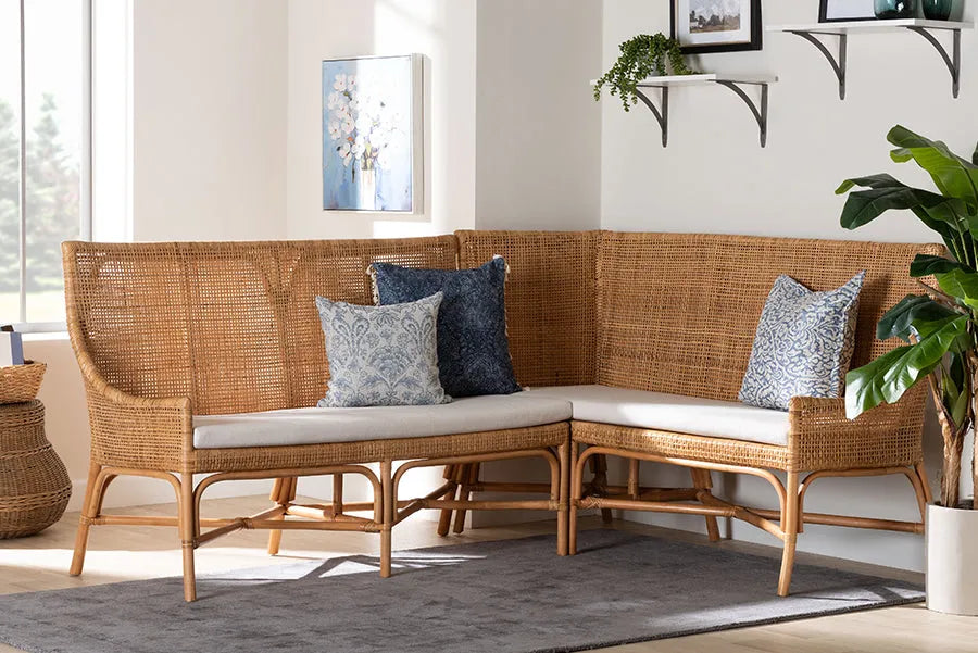 bali & pari Baako Bohemian Light Honey Rattan 2-Piece Dining Nook Bench Set FredCo