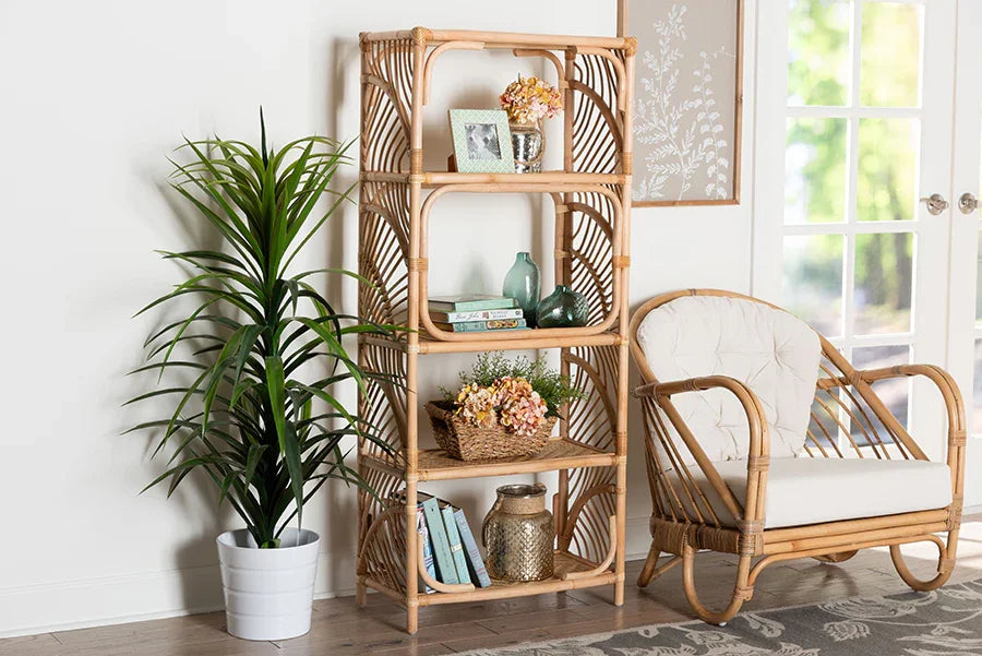 bali & pari Baara Natural Rattan 4-Tier Display Shelf - Handcrafted Bookcase with Openwork Side Panels, Boho Coastal Design for Living Room or Bedroom FredCo