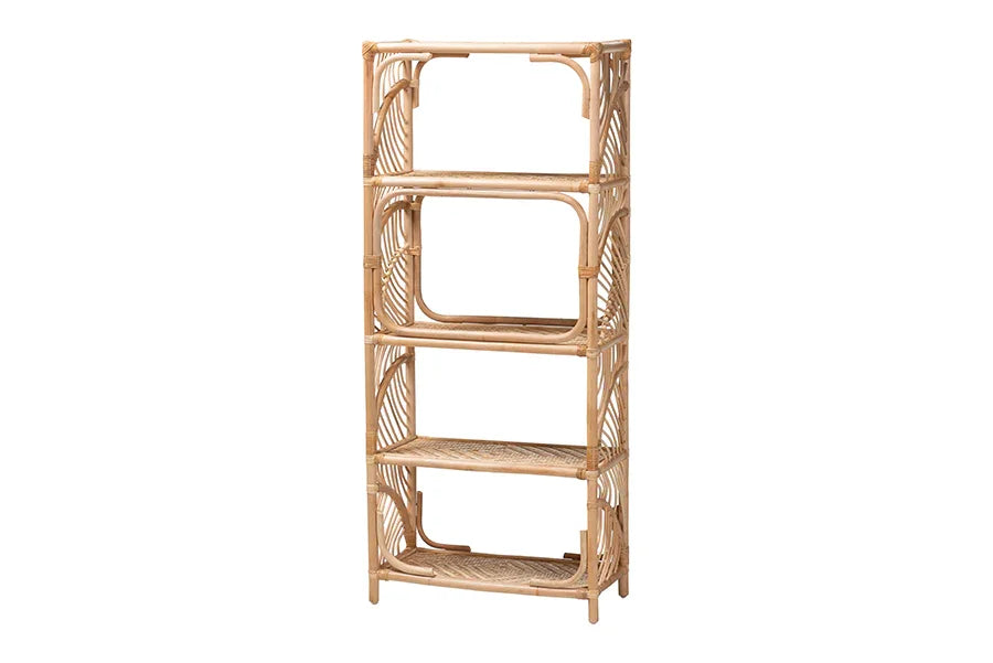 bali & pari Baara Natural Rattan 4-Tier Display Shelf - Handcrafted Bookcase with Openwork Side Panels, Boho Coastal Design for Living Room or Bedroom FredCo