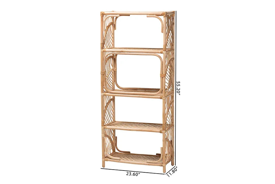 bali & pari Baara Natural Rattan 4-Tier Display Shelf - Handcrafted Bookcase with Openwork Side Panels, Boho Coastal Design for Living Room or Bedroom FredCo