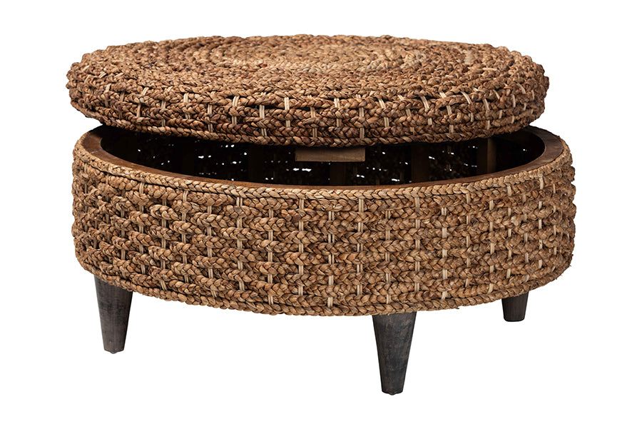 bali & pari Bailey Handwoven Seagrass Storage Ottoman with Lift-Top Lid - Rustic Wicker Trunk or Footrest with Inner Compartment for Living Room or Entryway, Round FredCo