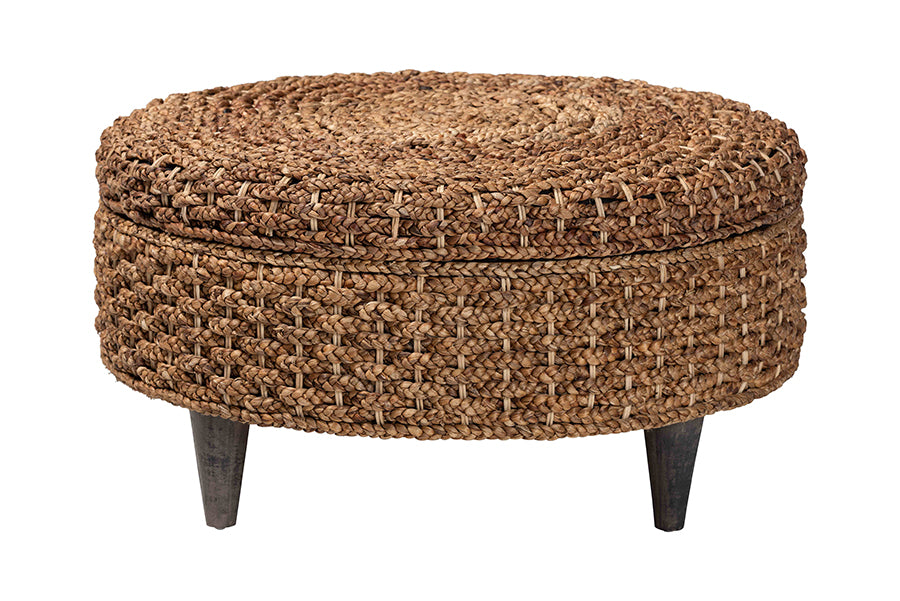 bali & pari Bailey Handwoven Seagrass Storage Ottoman with Lift-Top Lid - Rustic Wicker Trunk or Footrest with Inner Compartment for Living Room or Entryway, Round FredCo