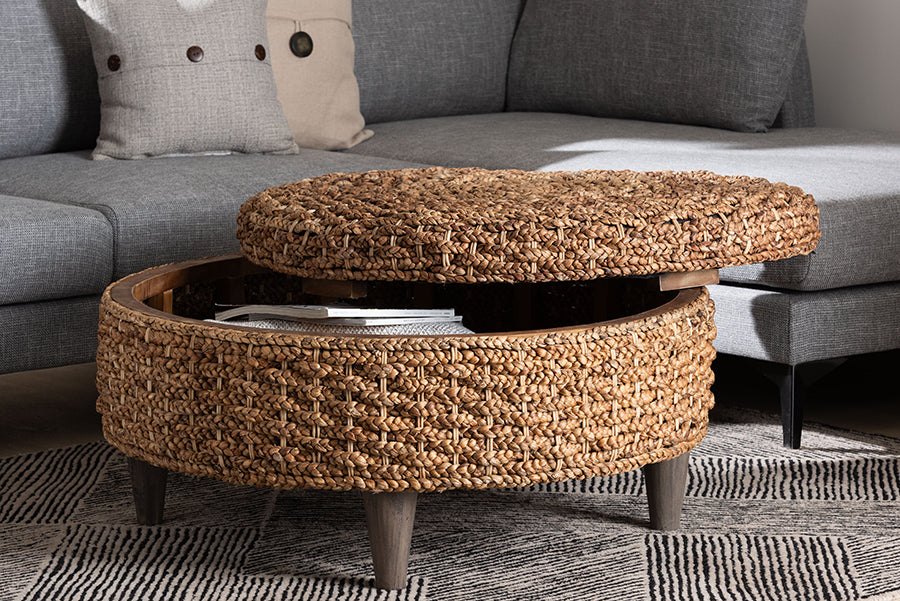 bali & pari Bailey Handwoven Seagrass Storage Ottoman with Lift-Top Lid - Rustic Wicker Trunk or Footrest with Inner Compartment for Living Room or Entryway, Round FredCo