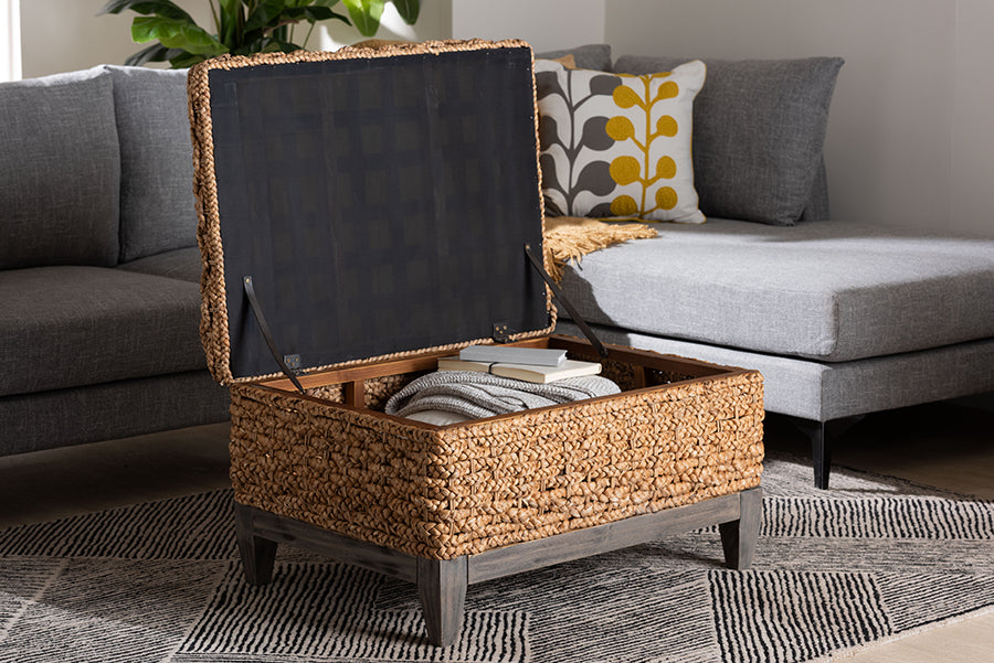 bali & pari Bailey Handwoven Seagrass Storage Ottoman with Lift-Top Lid - Rustic Wicker Trunk or Footrest with Inner Compartment for Living Room or Entryway, Square FredCo