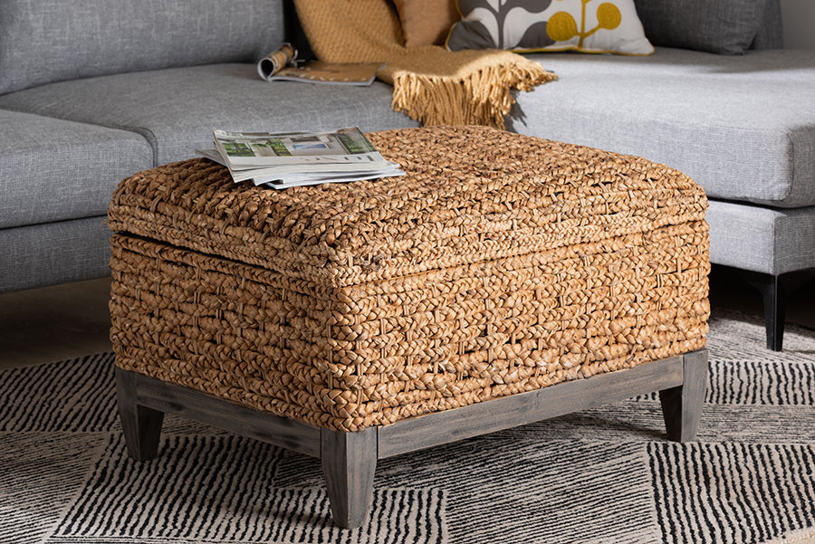 bali & pari Bailey Handwoven Seagrass Storage Ottoman with Lift-Top Lid - Rustic Wicker Trunk or Footrest with Inner Compartment for Living Room or Entryway, Square FredCo