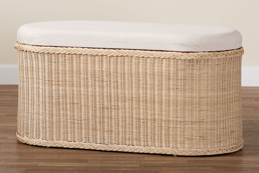 bali & pari Barid Braided Natural Rattan Storage Bench with Cushioned Lift-Top Lid - Coastal Boho Style Chest for Bedroom, Entryway, or Living Room Organization, Natural, 39" Oval FredCo
