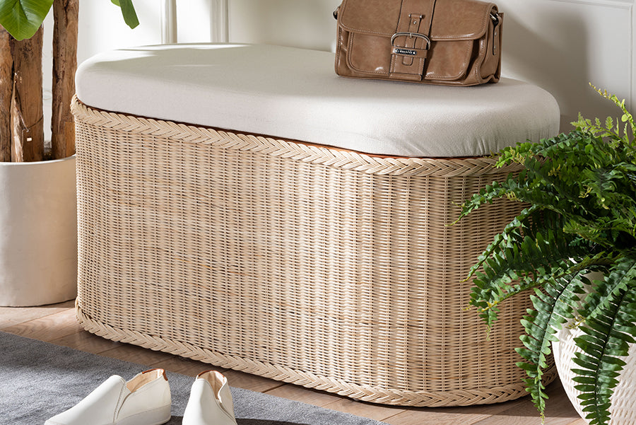 bali & pari Barid Braided Natural Rattan Storage Bench with Cushioned Lift-Top Lid - Coastal Boho Style Chest for Bedroom, Entryway, or Living Room Organization, Natural, 39" Oval FredCo