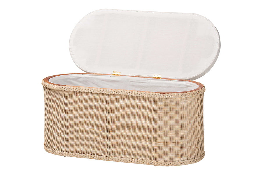 bali & pari Barid Braided Natural Rattan Storage Bench with Cushioned Lift-Top Lid - Coastal Boho Style Chest for Bedroom, Entryway, or Living Room Organization, Natural, 39" Oval FredCo