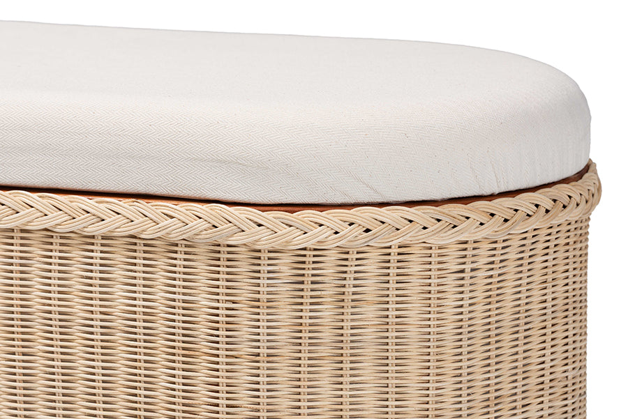 bali & pari Barid Braided Natural Rattan Storage Bench with Cushioned Lift-Top Lid - Coastal Boho Style Chest for Bedroom, Entryway, or Living Room Organization, Natural, 39" Oval FredCo
