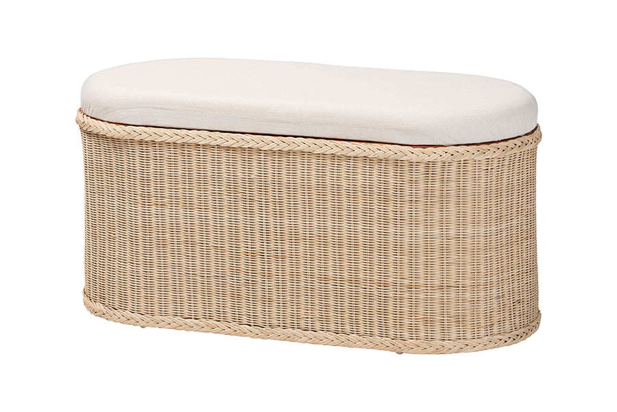 bali & pari Barid Braided Natural Rattan Storage Bench with Cushioned Lift-Top Lid - Coastal Boho Style Chest for Bedroom, Entryway, or Living Room Organization, Natural, 39" Oval FredCo