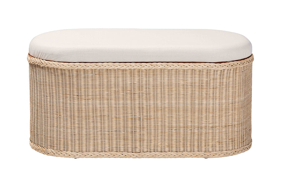 bali & pari Barid Braided Natural Rattan Storage Bench with Cushioned Lift-Top Lid - Coastal Boho Style Chest for Bedroom, Entryway, or Living Room Organization, Natural, 39" Oval FredCo
